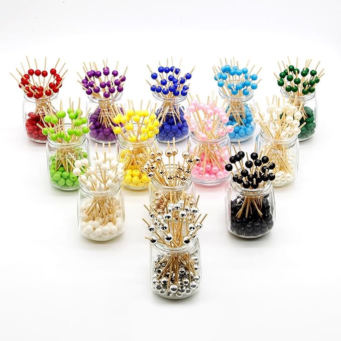 Minisland Black Pearl Cocktail Picks, 4.7 Inch Long Bamboo Fancy Toothpicks for Appetizers, Decorative Halloween Holiday Party Food Drink Garnish Fruit Kabob Skewer Sticks 100 Counts - MSL456