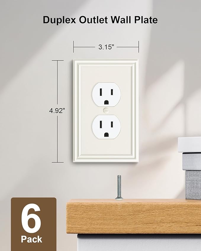 6-Pack Duplex Outlet Cover, Durable Solid Zinc Alloy Decorative Switch Plates and Outlet Covers, Light Almond Wall Plates for Electrical Outlets, 1 Gang Receptacle Cover, Corrosion Resistant