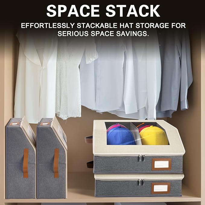2-in-1 Hat Organizer for Baseball Caps Holds 48-60 Caps Hat Storage with Adjustable Divider Stackable Hats Holder for Closet with Clear lid Cowboy Hat Box for Men Women 2 PCS Beige and Grey