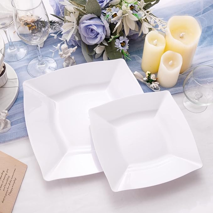 Morejoy 60 Pcs White Square Plastic Plates - White Disposable Dinner Plates 10.5" - Premium Appetizer Plate - Dessert/Salad Plate 9“ for Wedding & Birthday & Party