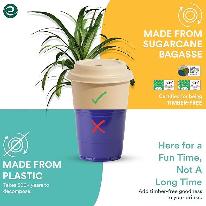 ECO SOUL 100 Pack 12 oz Disposable Coffee Cups with Lids & Sleeves Eco-Friendly, Biodegradable, Compostable, Leak-free & Sturdy To Go Hot Drink Cup for Tea, Chocolate Party Travel Cafe Office & Home