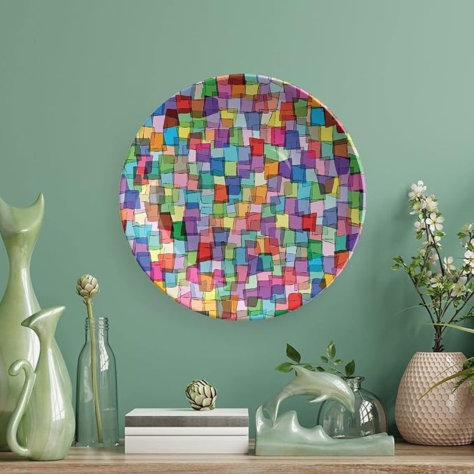 Decorative Plates, Abstract Print Ornament, Mosaic Tile Pattern Colorful Squares Cubes, 7 Inch, 1 Plate with 1 Display Stand, Multicolor
