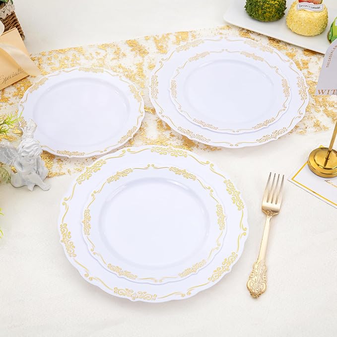 DaYammi 150Pcs White Gold Plastic Plates & Plastic Silverware, Gold Disposable Plates for Party Include 30 Dinner Plate, 30 Dessert Plate, 30 Knives, 30 Forks, 30 Spoons for Party Wedding