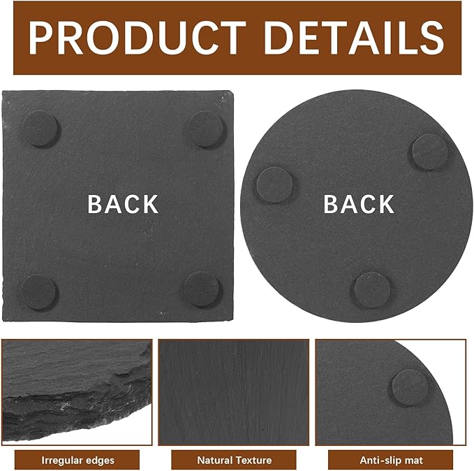 24pcs Slate Coasters, Black 4 Inch Bulk Blank Rock Coasters Blank Laser Engraving, Hand Painted DIY, Scratch Resistant Bottom (12*Square+12*Round)