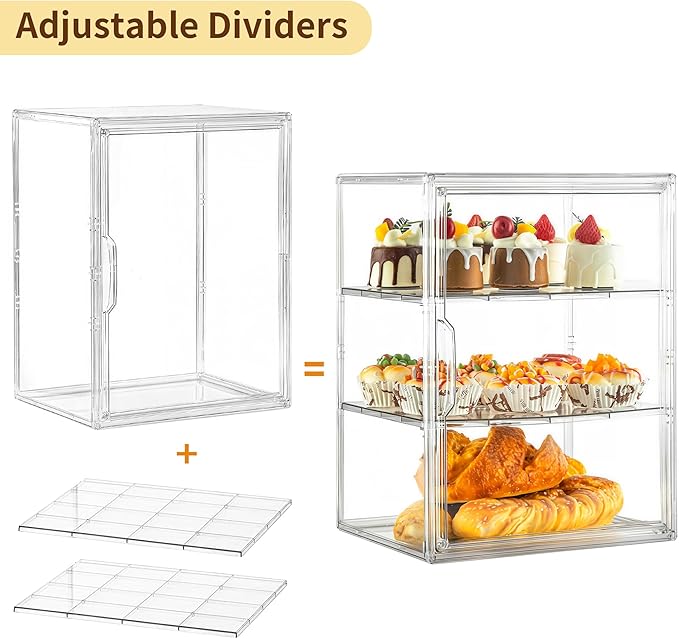 Attelite Pastry Display Case, Large Bread Box for Kitchen Countertop, 3 Layers Adjustable Clear Bread Storage with Magnetic Door, Bread Container for Bread, Bagel, Donut