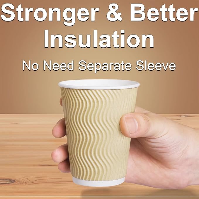 Hot Paper Cups_12 oz Disposable Insulated Corrugated Sleeve Ripple Wall Paper Cup 100 pcs,12oz Cups for Drink，Hot Coffee Cups (Brown)