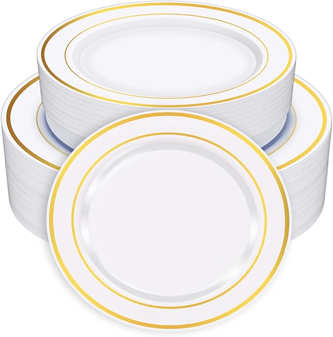 Zcaukya 100PCS Gold Plastic Plates, Disposable Plastic Dishes with Gold Rim in Bulk, 50 Pcs Each 10.25 Inch and 7.5 Inch for Dinner, Birthday and Wedding
