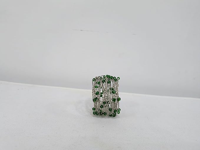 Silver Green Beaded Napkin Ring Set of 12 - Beautiful Fancy Elegant Decorative Napkin Holder for Dinner Table Decoration, Easter, Farmhouse, Wedding, Party, Family Gathering, New Year, Everyday Use