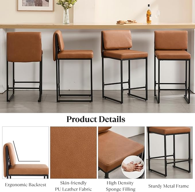 Modern Barstools Set of 4, 26” Upholstered Counter Height Bar Stools PU Leather Fabric Counter Stools with Padded Back Metal Frame for Kitchen Island Dining Room, Brown