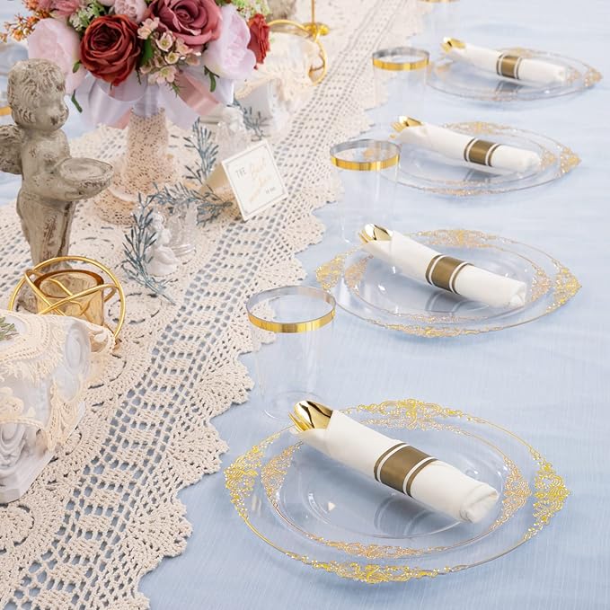 Hioasis 175pcs Clear and Gold Plastic Plates - Elegant Disposable Dinnerware Set Suitable for 25 Guests Include 10.25" Dinner & 7.5" Dessert Plates, Pre Rolled Silverware Set, Cups for Party & Wedding