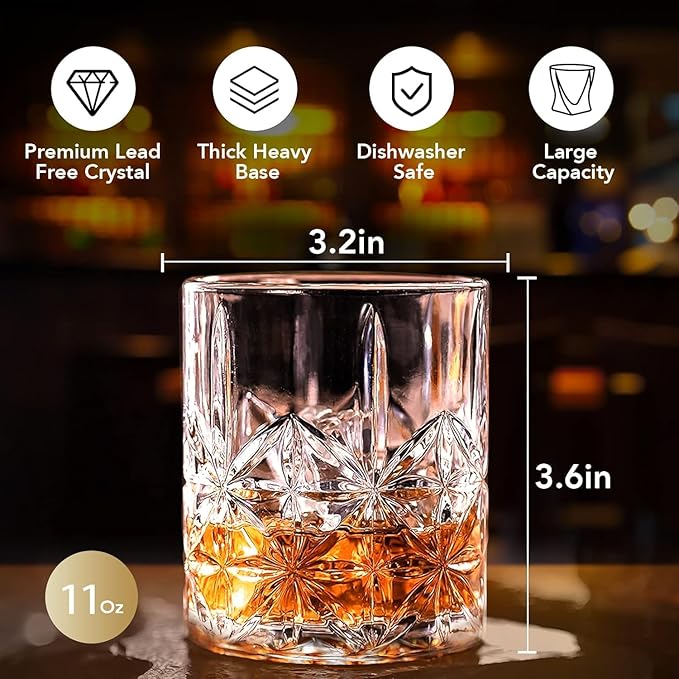 Crystal Whiskey Glass Set of 6 - Old Fashioned Bourbon Glasses, Perfect for Scotch and Cocktails (Style 1,6pcs)