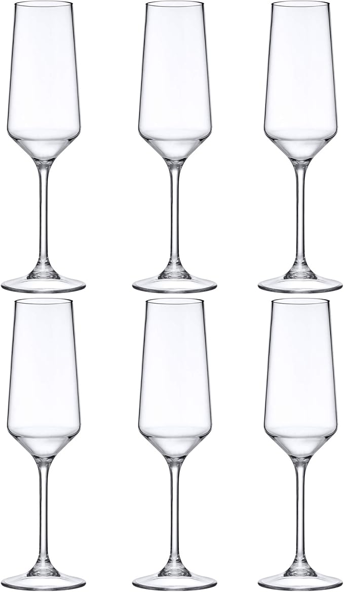 Amazing Abby - Stella - 8-Ounce Unbreakable Tritan Champagne Flutes (Set of 6), Plastic Wine Glasses, Reusable, BPA-Free, Dishwasher-Safe, Perfect for Poolside, Outdoors, Camping, Picnic, and More