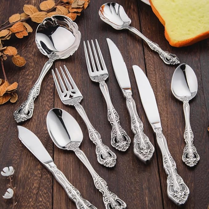 TWEE Luxury Fine Silverware Set for 10 Flatware Set 50 Pieces Relief Sculpture Openwork Design Elegant Tableware Set 18/10 Stainless Steel Cutlery Set Utensil Sets for Home Restaurant Dishwasher Safe