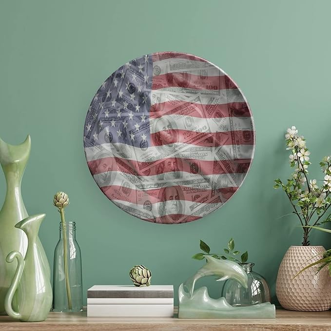 Decorative Plates, American Flag Print Ornament, Dolar Exchange, 8 Inch, Kitchen Wall Decor, Multicolor