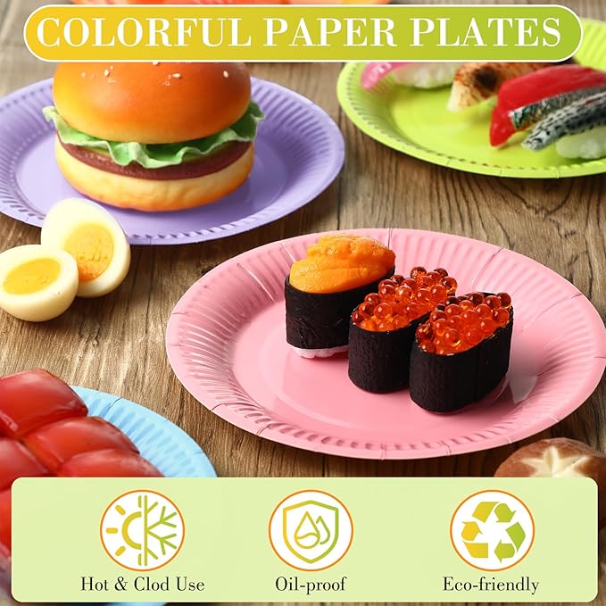 Thenshop 300 Pcs Colorful Paper Plates 7 Inch Disposable Party Plates for Dessert Cake Birthday Party Supplies(Macaron Colors)