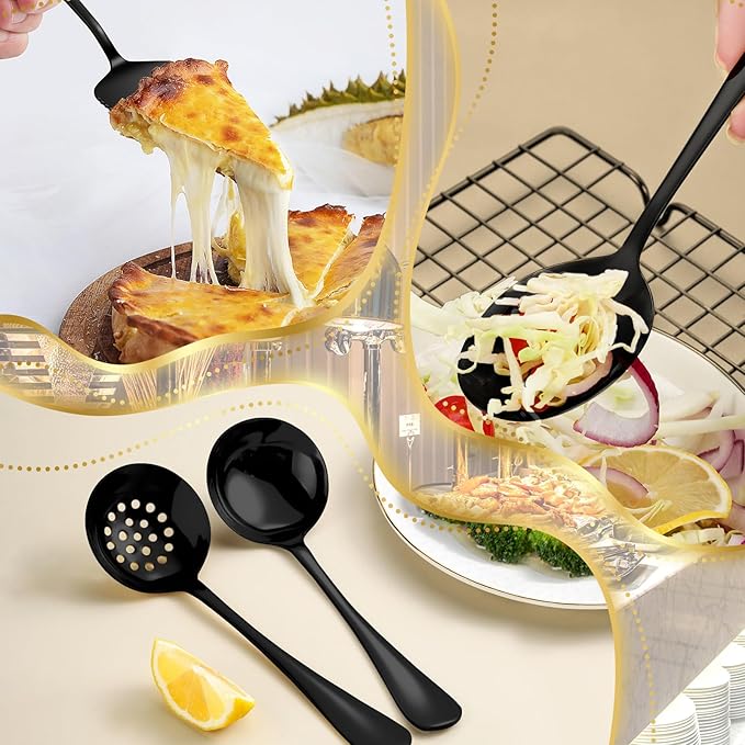 30Pcs Serving Utensils Set Serving Spoons, Buffet Tongs, Cake Spatula, Forks, Perforated Ladles, Soup Scoops, Skimmers and Black Heavy-Duty Serving Tongs (Black)
