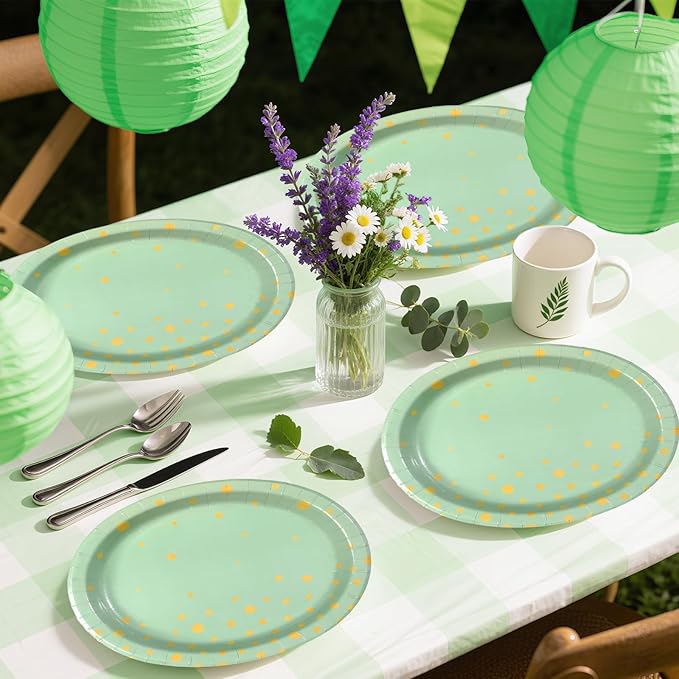 50Pcs Sage Green Oval Paper Plates 10" x 12" Large Disposable Sage Green and Gold Party Supplies Dessert Paper Plates Gold Dot Light Green Platter for Baby Shower Birthday Wedding Party Decorations