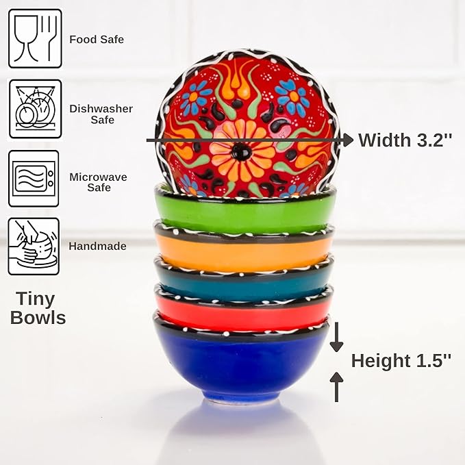 BCS Ceramic Pinch Bowls Set of 6, Small Bowls for Dipping - Cooking Prep & Charcuterie Board, Soy Sauce Dish, Multicolor Handmade Decorative Serving Dishes (3.2'' - 3 oz)