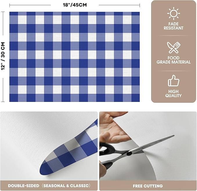 Artoid Mode Buffalo Plaid Vinyl Placemats Set of 4, 12x18 Inch Washable Non-Slip Heat Resistant Plastic Place Mats for Party Dining Table, Naxy Blue/White