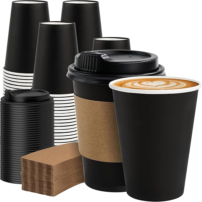 100 Pack 12 oz Disposable Coffee Cups with Lids and Sleeves, Sturdy Paper Cups for Hot/Cold Drinks, Leak-Proof To Go Coffee Cups with Lids for Home, Café, Events, Office, Black