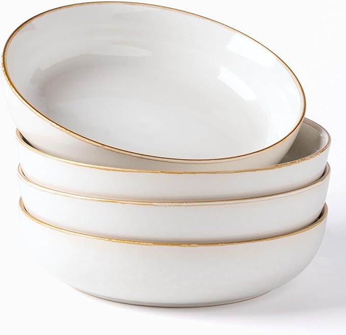 GBHOME 8.75'' Large Ceramic Pasta Bowls, 38oz Stoneware Pasta Serving Bowls Set of 4 for Kitchen, Wide Bowls for Fruit,Pasta,Salad,Oatmeal,Meal, Microwave Safe, Reactive Glaze-Pear White