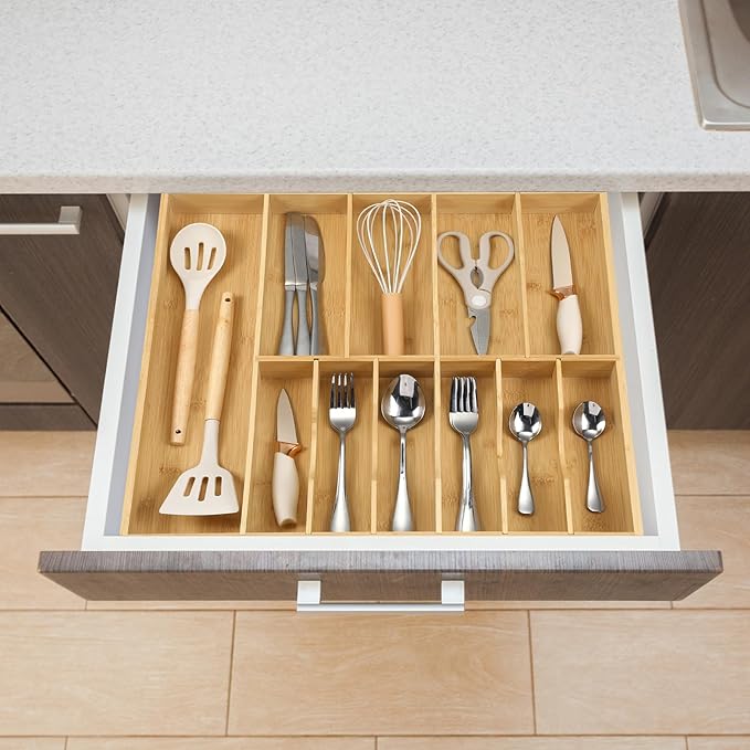Fabsome Silverware Organizer for Kitchen Drawers, 2.5'' Deep 18.8'' Wide Bamboo Wood Flatware Tray with Deep Slots for Large Cutlery Utensil Drawer
