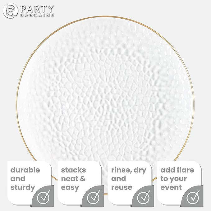 PARTY BARGAINS 13-Inch Charger Plates - 96 Pack, Hammered Clear Gold Rim, Heavy-Duty Disposable Chargers for Elegant Dining - Ideal for Weddings and Formal Events