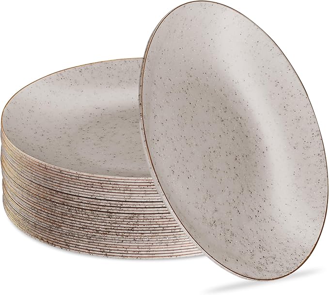 PLASTICPRO 30 Pack Disposable Plastic Plates Heavyweight Granite Look Elegant 9 inch Dinner Plates Grey with Gold Rim