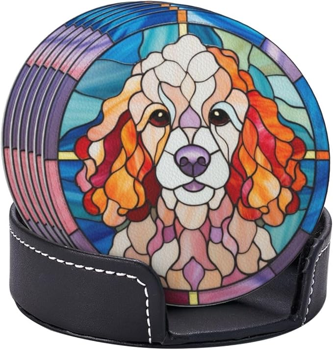 Drink Coaster Set of 6, Poodle Dog Mom Lover Gift,Leather Drink Coasters with Holder,6 Pack Cup/Bar/Drink Coasters for Table/Drinks/Coffee Protection Housewarming Gift