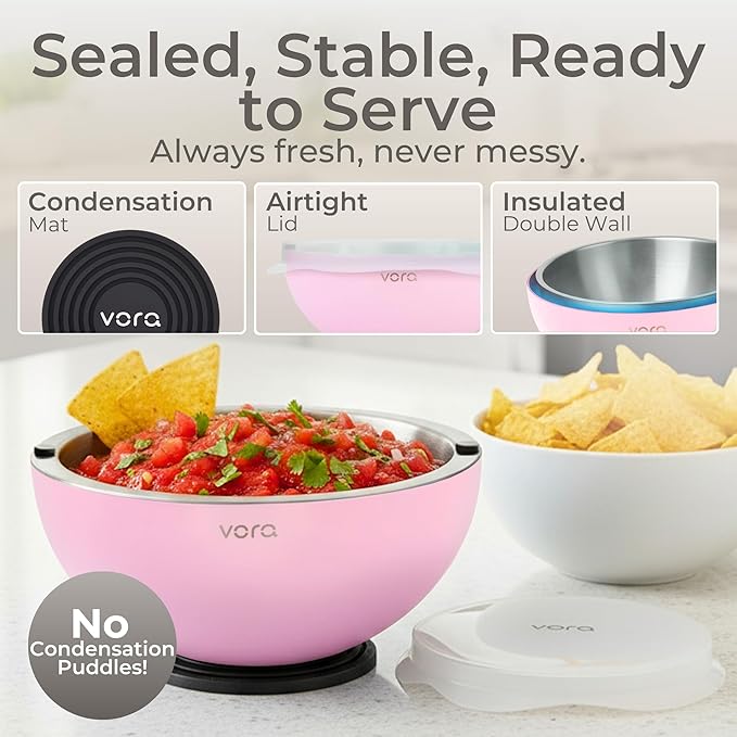 Vora 35oz Dip Chiller Bowl with Lid | 2 Pack Pink Stainless Steel Chilled Serving Bowl Keep Dips, Salads, and Appetizers Perfectly Cold with Leak-Resistant Ice Bowl for Effortless Hosting