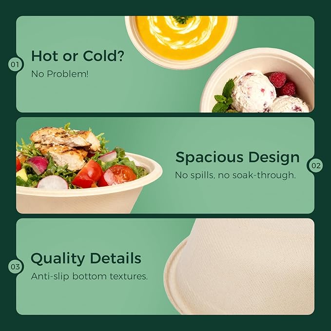 32 Oz [50 Pack] Heavy Duty Deep Paper Bowls - Disposable and Compostable - Made from Eco-friendly Sugarcane Bagasse - Biodegradable Bowls for Soup, Salad, Dessert, Ice Cream