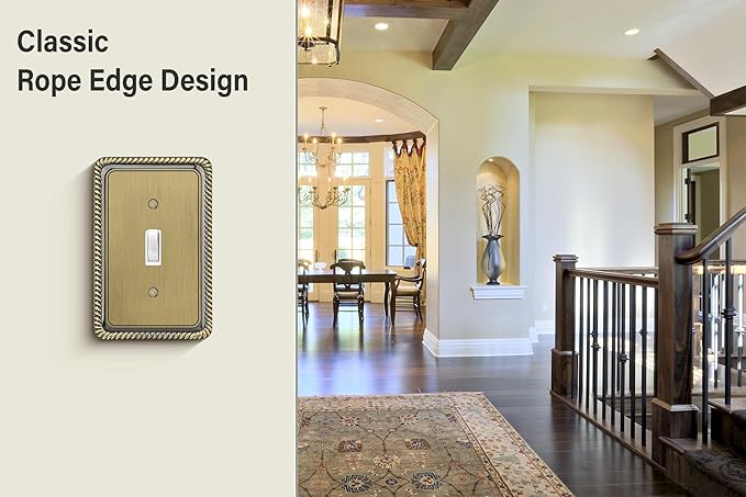 Henne Bery Rope Edge Decorative Wall Plate Switch Plate Outlet Cover (Single Toggle, 2 Pack, Antique Brass)