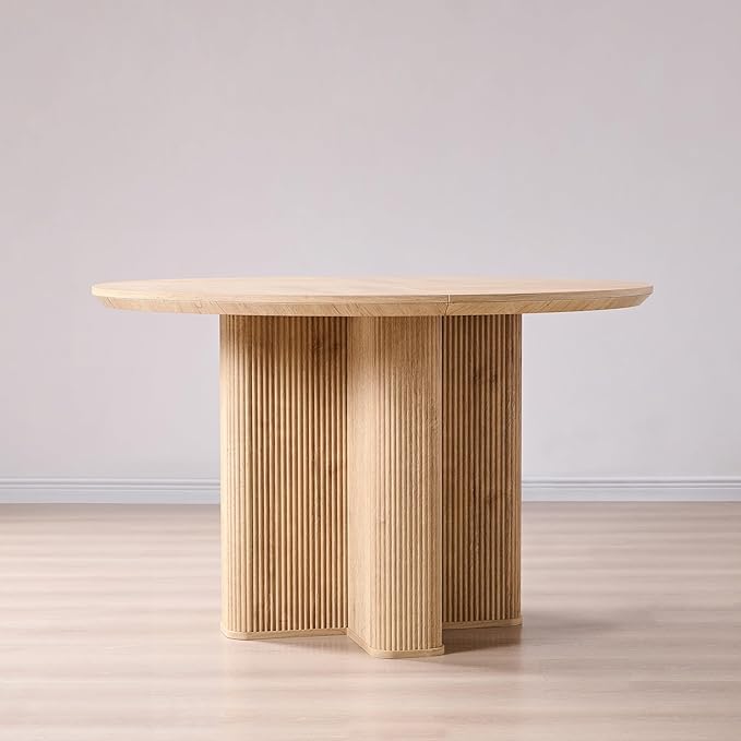 T4TREAM 47" Fluted Round Dining Table for 4-6, Mid-Century Modern Kitchen Table with Thickened Edge & Sturdy Pedestal Base for Kitchen Living Room,Natural Oak(Table Only)