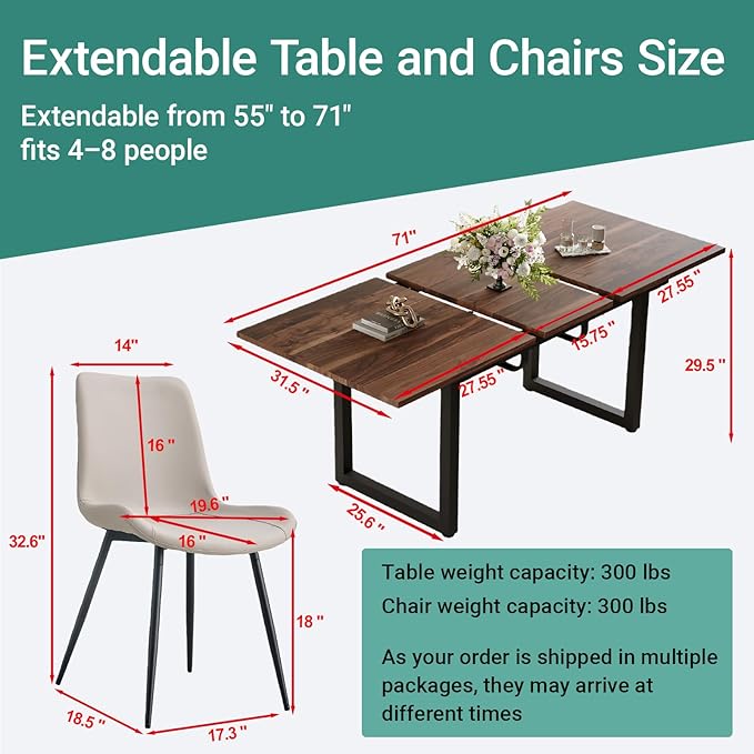 Extendable Dining Table Set for 4, 55"–71" Modern Wood Kitchen Table with 4 Upholstered Chairs, Space-Saving for Living Room Apartment, Sturdy & Comfortable, Easy Assembly