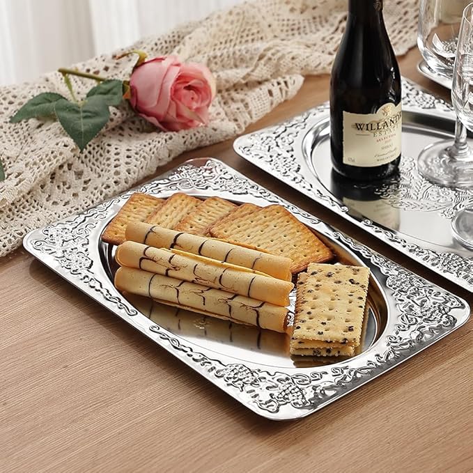 4-Pack Silver Serving Trays Set - ZENOVLUX Vintage Floral Engraved Mirror Decorative Tray, 13.8" x 8.7" Party Platters for Valentine's Day, Food, Appetizer, Charcuterie, Cookies, Desserts
