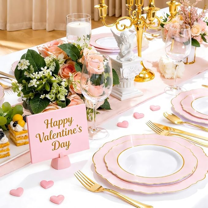 WDF 60pcs Pink Plastic Plates - 10.25inch Baroque Pink And Gold Disposable Dinner Plates for Upscale Parties -Special for Valentine's Party, Wedding, Birthdays
