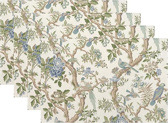 Chinoiserie Spring Placemats Set of 4, 12x18 Inch Blue Green Floral Bird Table Mats Summer Vintage Flowers Holiday Decorative Table Placemats for Party Home Kitchen Dining Table Decoration