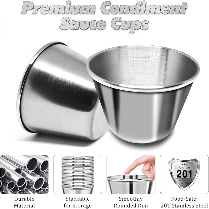 DJZZ 100 Pcs Metal Sauce Cups 2.5oz Ramekins, Stainless Steel Dipping Sauce Cups Metal Condiment Container Reusable Round Butter Dressing Restaurant Small Bowls (100)