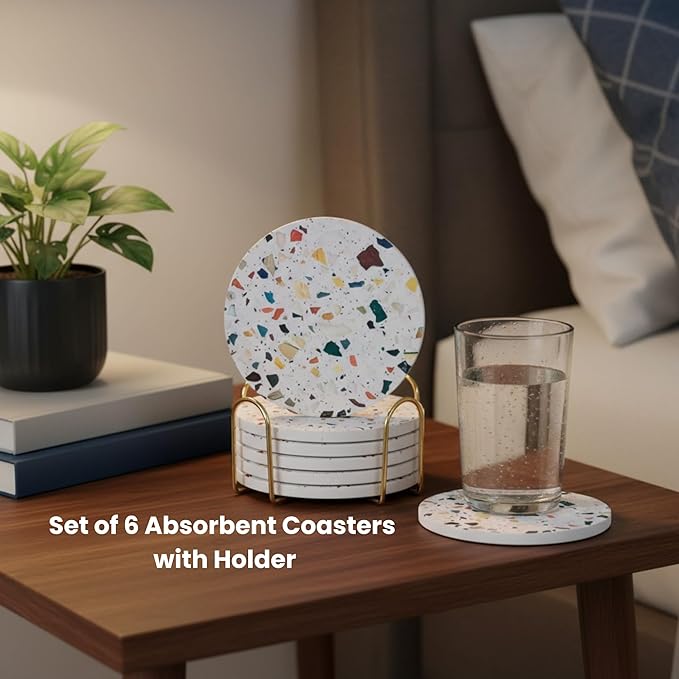 Absorbent Terrazzo Drink Coasters Set of 6 with Holder, Ceramic Drink Coasters for Coffee Table Decor, Water-Absorbing Stone Coasters (Mosaic)