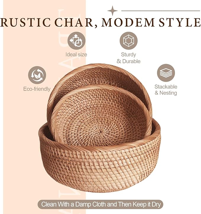 10.2" Large Round Rattan Bread Basket for Fruit, Natural Wicker Fruit Basket for Kitchen Counter, Hand Woven Food Baskets, Bread Baskets for Serving, Fruit, Vegetable, Candy, Nuts, Keys, Wallets, Etc.