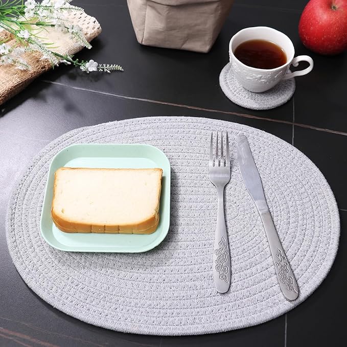 Braided Placemats Set of 6, Cotton Fabric Oval Table Mats Non Slip Washable 16 * 12 inch Oval Place Mats, 6 Pack Grey Woven Placemats