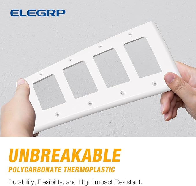 ELEGRP 4-Gang Decorative Wall Plates, Standard Size Unbreakable Thermoplastic Faceplate Cover for Decorator Receptacle Outlet Switch, UL Listed (2 Pack, Glossy White)