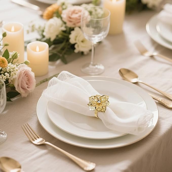 Gold Napkin Rings, Thanksgiving Christmas Napkin Rings Set of 12, Nickel-Plated Steel Table Decor for Festival Party - Floral