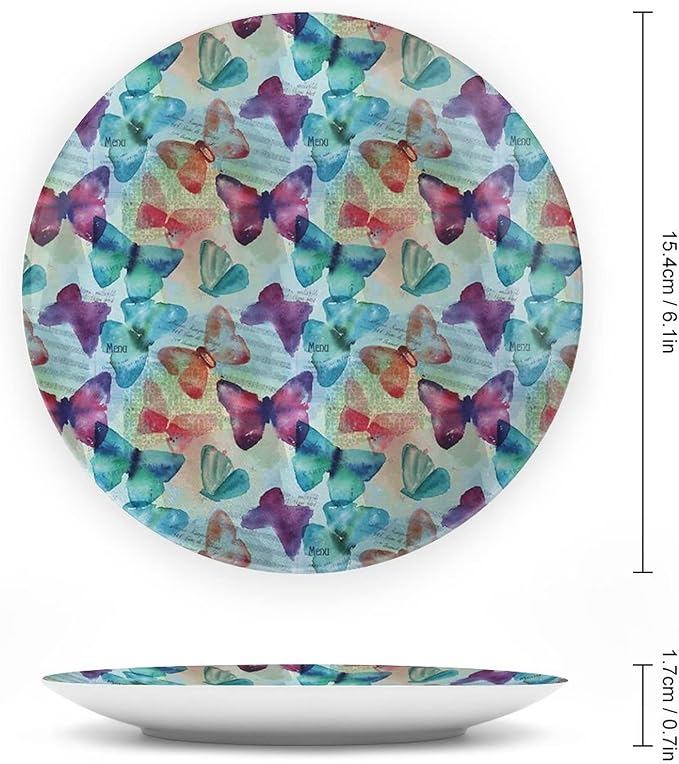 Ceramic Display Plate, Abstract Ceramic Hanging Decorative Plate, Watercolor Rainbow Colored Butterflies and Letterings Music, 7 Inch, Living Room Kitchen Decoration Household, Multicolor