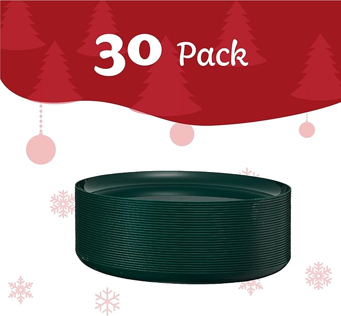 PLASTICPRO [30 Pack 8.6'' Christmass Green Plastic Party Plates Edge Collection Premium heavyweight Elegant Disposable Tableware Dishes