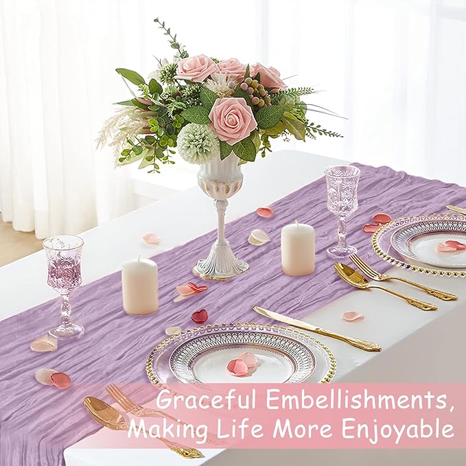 Lilac Table Runner, 10 Ft 120 in Cheesecloth Table Runner, Rustic Spring Table Runners for Wedding, Party, Bridal Shower, Boho Table Runners for Valentines Easter Mardi gras
