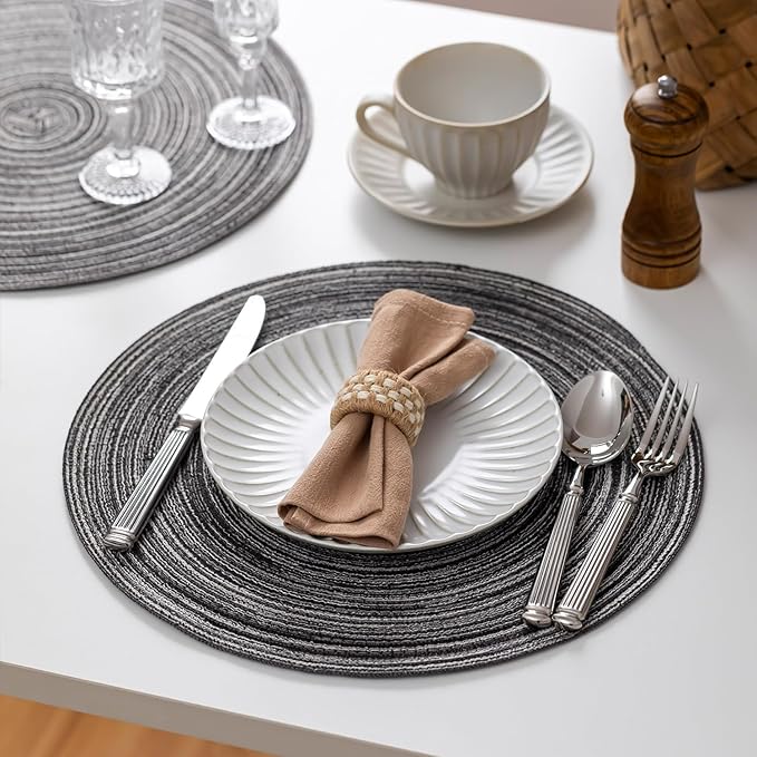 Round Placemats Set of 6 Woven Placemats Washable Braided Table Mats for Dining Table Heat Resistant Non-Slip Circle Place Mats(Mixed Gray)