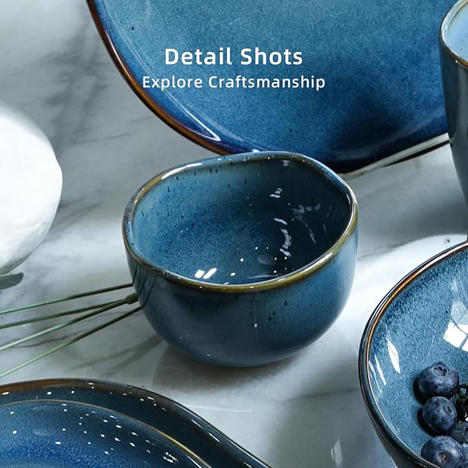 Organic Shape Highland Ceramic Bouillon Cup, 6pcs Handmade Reactive Glaze Stoneware Dip Bowls 9oz with Wavy Edge, for Kitchen, Microwave & Dishwasher Safe, Scratch Resistant-Blue