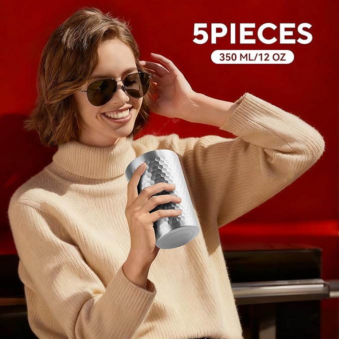 5 Pcs 12 oz Honeycomb Small Metal Cup, Double Wall Vacuum Stainless Steel Insulated Cup, Reusable Camping Cups Unbreakable Indoor Outdoor for Party, Home, Office, BBQ, Silver