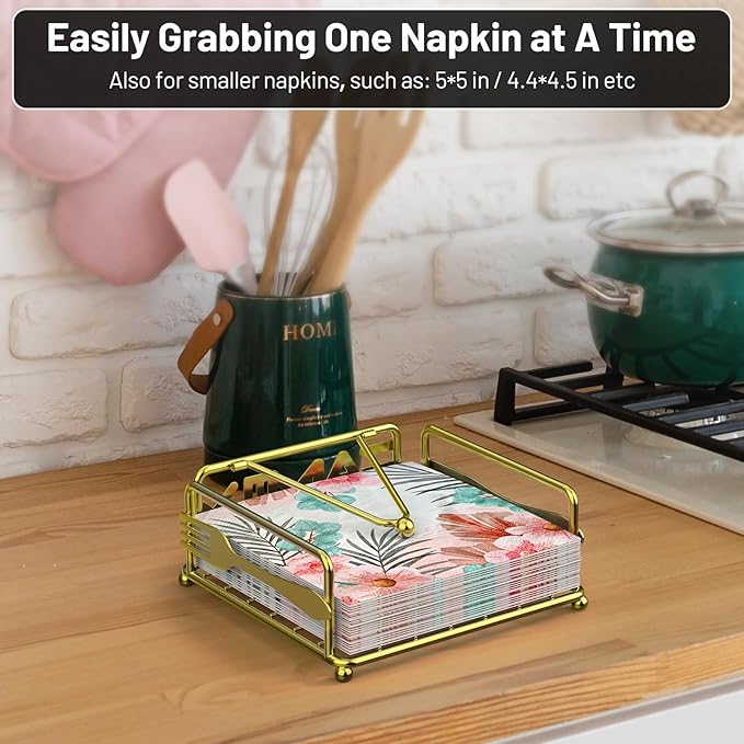 Napkin Holder for Table, Flat Napkin Dispenser with Weighted Arm, Square Cocktail Paper Holder of Elegant Rustic Iron for Kitchen Dining Room Decor Restaurant Farmhouse Hotel Party, Gold